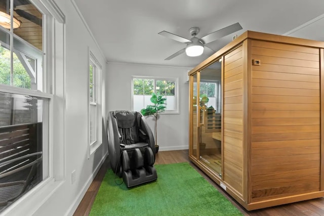 sunroom featuring ceiling fan