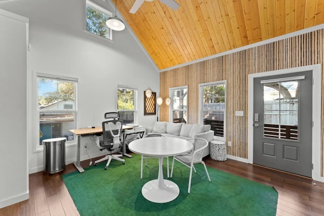 office featuring ceiling fan, high vaulted ceiling, dark wood-type flooring, and plenty of natural light