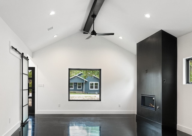 unfurnished living room featuring ceiling fan, dark wood-type flooring, high vaulted ceiling, a barn door, and beamed ceiling