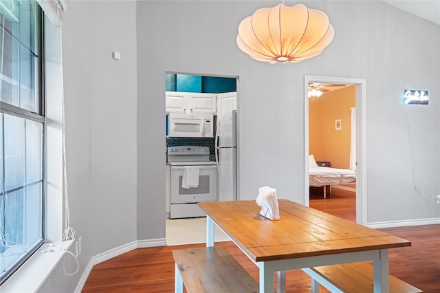 dining room with ceiling fan and wood-type flooring