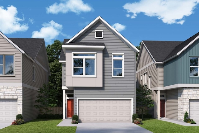 view of front of house with a garage and a front lawn