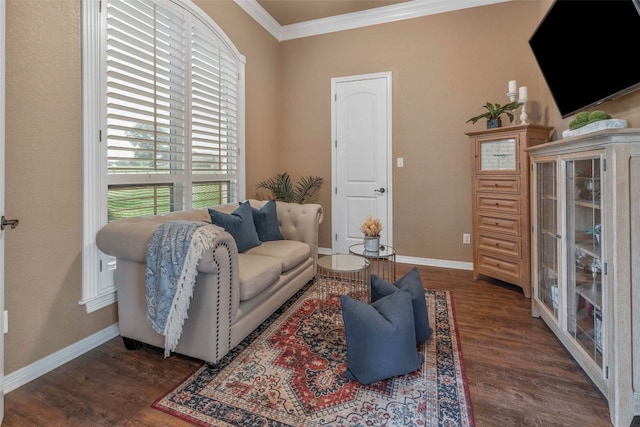 living room featuring ornamental molding and dark hardwood / wood-style floors