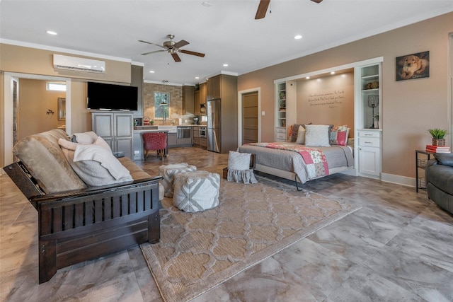 bedroom with ornamental molding, stainless steel fridge, an AC wall unit, and ceiling fan