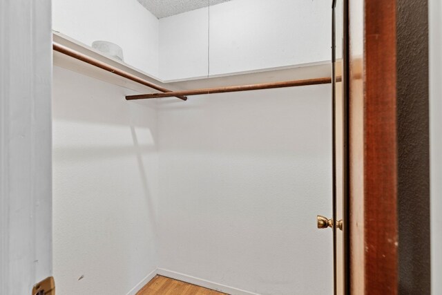 walk in closet with light hardwood / wood-style floors