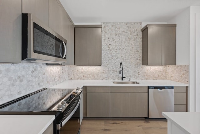 kitchen featuring sink, gray cabinets, light wood-type flooring, tasteful backsplash, and stainless steel appliances