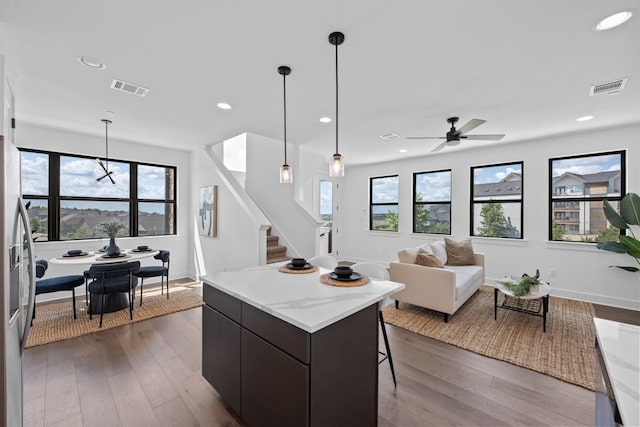 kitchen with decorative light fixtures, dark hardwood / wood-style floors, and a healthy amount of sunlight