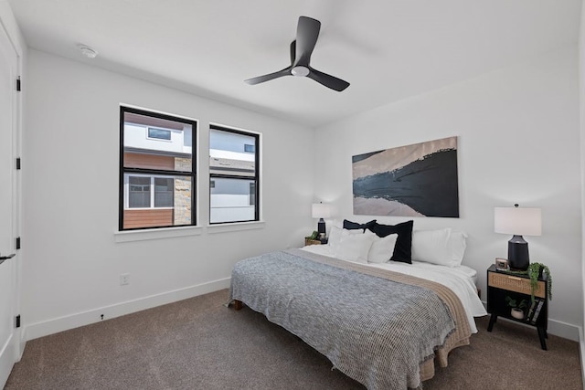 bedroom with ceiling fan and carpet floors