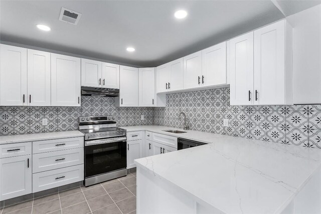 kitchen with light stone counters, stainless steel electric range oven, sink, dishwasher, and white cabinetry