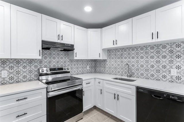 kitchen featuring white cabinetry, stainless steel electric range oven, sink, and black dishwasher