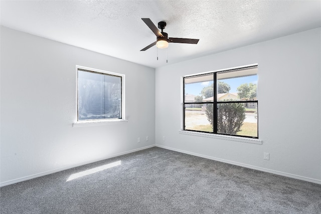 spare room with carpet flooring, ceiling fan, and a textured ceiling