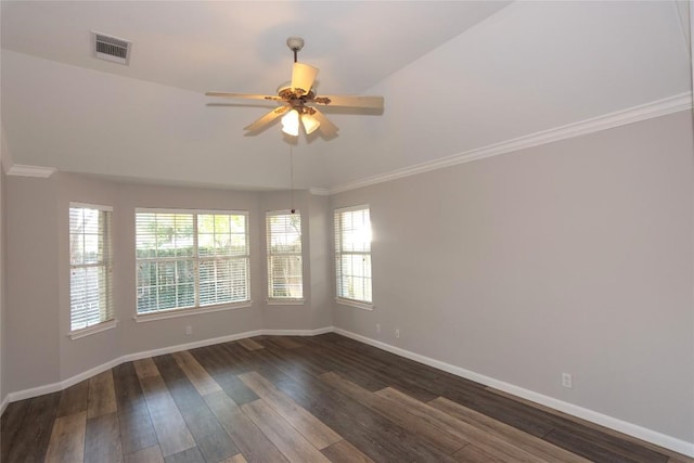 empty room with crown molding, ceiling fan, and dark hardwood / wood-style flooring