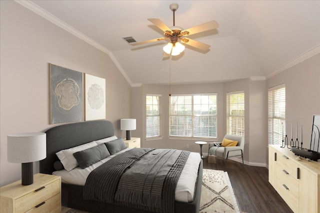 bedroom with dark wood-type flooring, ornamental molding, lofted ceiling, and ceiling fan