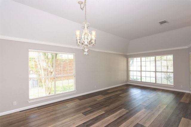 unfurnished room featuring vaulted ceiling, plenty of natural light, a notable chandelier, and dark hardwood / wood-style flooring