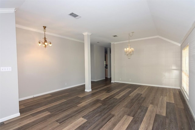 unfurnished room featuring lofted ceiling, dark hardwood / wood-style floors, and a notable chandelier