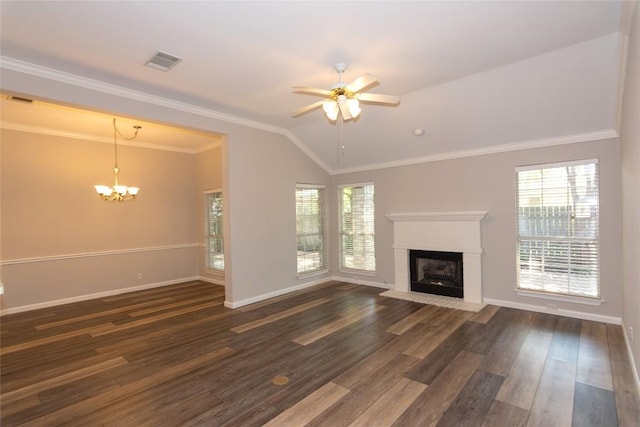 unfurnished living room featuring dark wood-type flooring, lofted ceiling, a fireplace, and crown molding