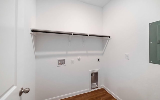 215 Tokalaun Dr, Hutto, TX 78634 - laundry area featuring gas dryer hookup, hookup for an electric dryer, hookup for a washing machine, dark wood-style flooring, and electric panel