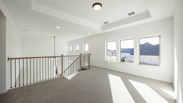 carpeted spare room with a wealth of natural light and a raised ceiling