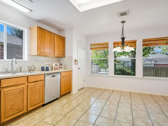 kitchen featuring decorative backsplash, dishwasher, pendant lighting, an inviting chandelier, and sink