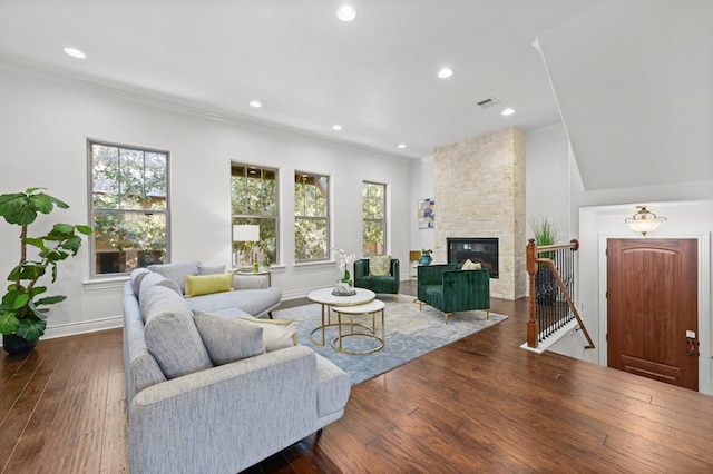 living room with dark hardwood / wood-style flooring, plenty of natural light, and a stone fireplace