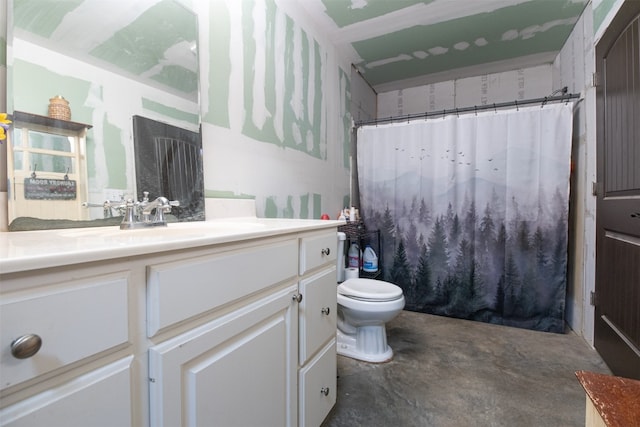 bathroom featuring concrete flooring, toilet, vanity, and curtained shower