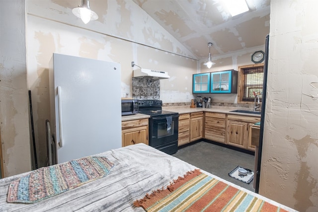 kitchen with wall chimney exhaust hood, sink, black range with electric stovetop, lofted ceiling, and white refrigerator