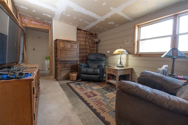 carpeted living room with plenty of natural light and lofted ceiling