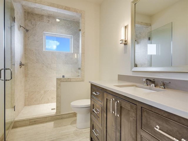 bathroom featuring toilet, a stall shower, and vanity