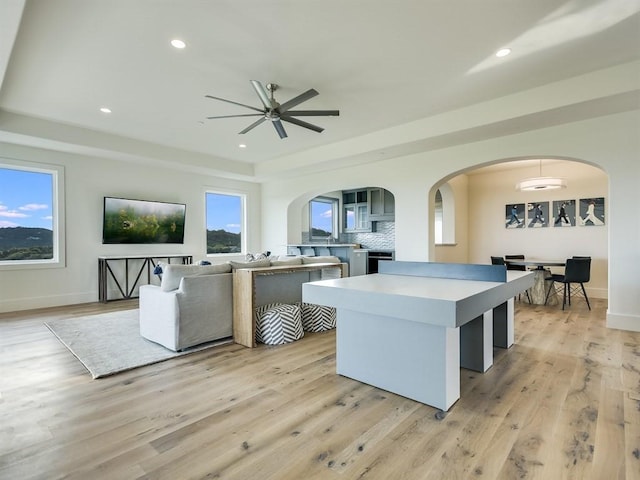 kitchen featuring light wood-style flooring, a tray ceiling, open floor plan, and a wealth of natural light