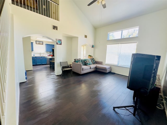 misc room with ceiling fan, high vaulted ceiling, dark wood-type flooring, and sink