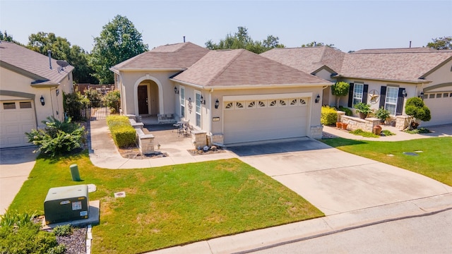 ranch-style home with a garage and a front lawn