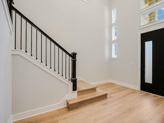 entrance foyer featuring hardwood / wood-style floors, plenty of natural light, and a towering ceiling