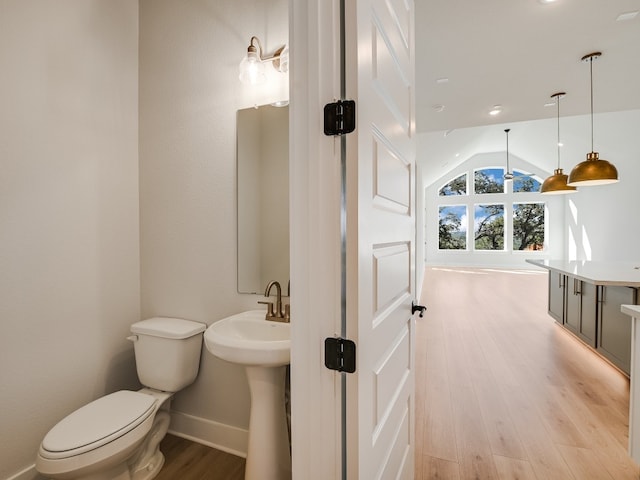 bathroom with hardwood / wood-style flooring, toilet, and lofted ceiling