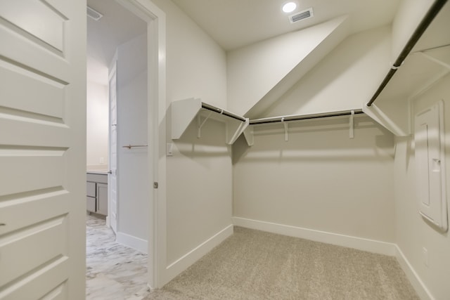 walk in closet with light colored carpet