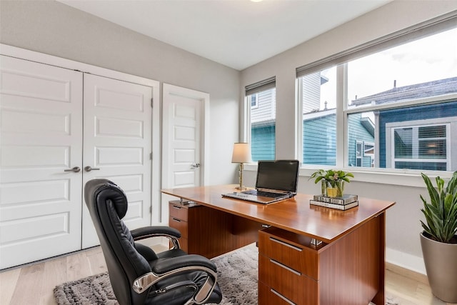 office space with light hardwood / wood-style flooring