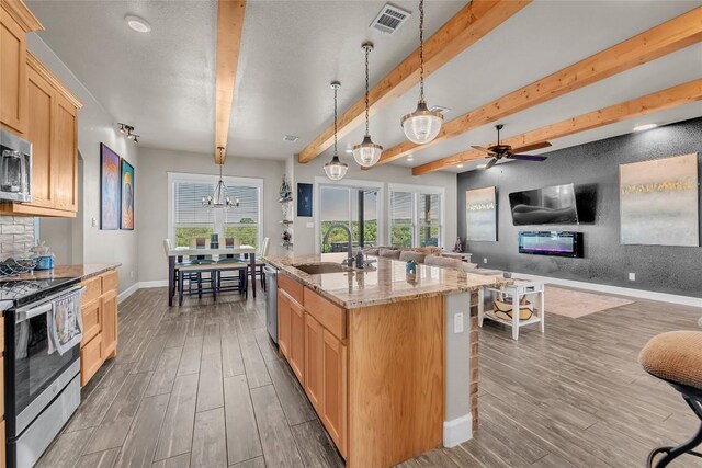 kitchen with an island with sink, a healthy amount of sunlight, appliances with stainless steel finishes, and beam ceiling