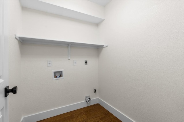 laundry area with hookup for an electric dryer, hookup for a washing machine, hookup for a gas dryer, and dark wood-type flooring