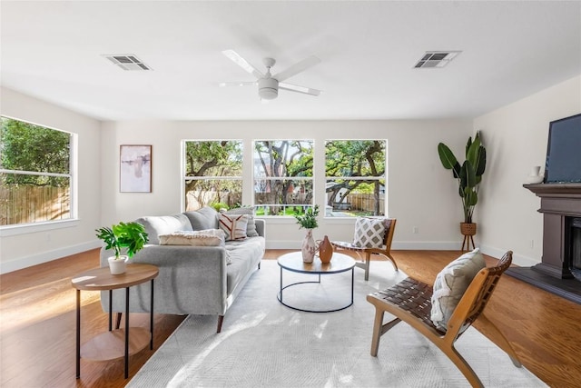 living room with ceiling fan and light wood-type flooring