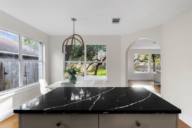 kitchen with light wood-type flooring, decorative light fixtures, a kitchen island with sink, and a healthy amount of sunlight