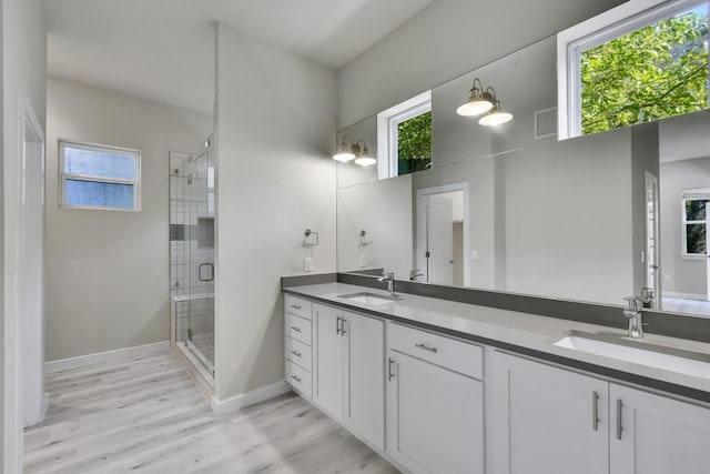 bathroom featuring a shower with shower door, wood-type flooring, plenty of natural light, and vanity