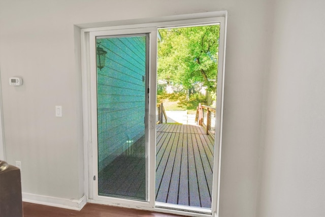 doorway to outside featuring dark wood-type flooring