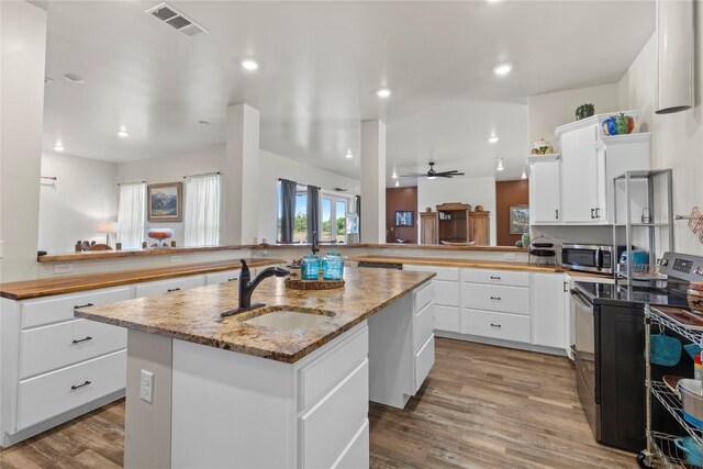 16508 Fm-973, Manor, TX 78653 - kitchen featuring black electric range oven, a sink, stainless steel microwave, a peninsula, and a kitchen island with sink
