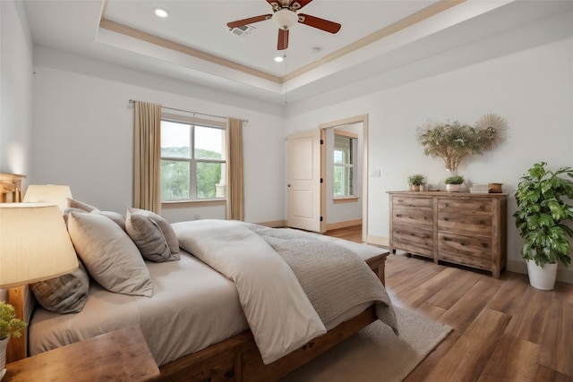 bedroom with a tray ceiling, hardwood / wood-style floors, and ceiling fan