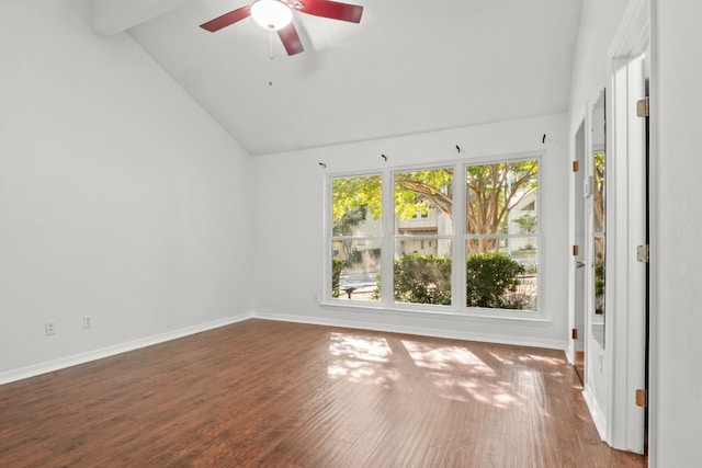 empty room featuring high vaulted ceiling, ceiling fan, beamed ceiling, and wood-type flooring