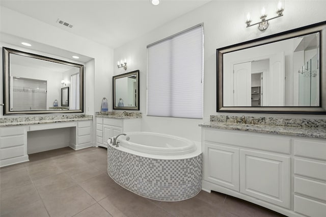 bathroom with vanity, separate shower and tub, and tile patterned flooring