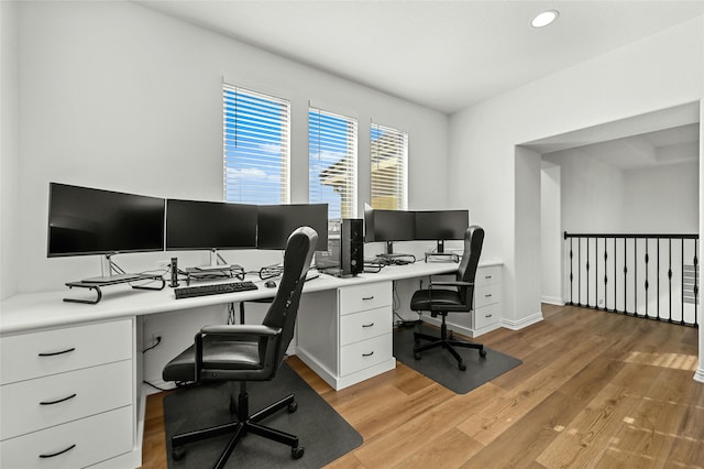 home office with light wood-type flooring