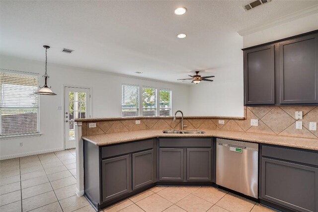 kitchen featuring dishwasher, ceiling fan, and gray cabinets