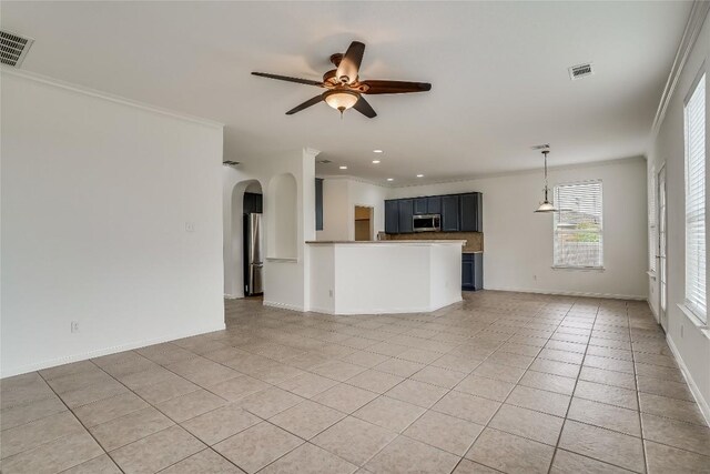 unfurnished living room with light tile patterned floors, ornamental molding, and ceiling fan