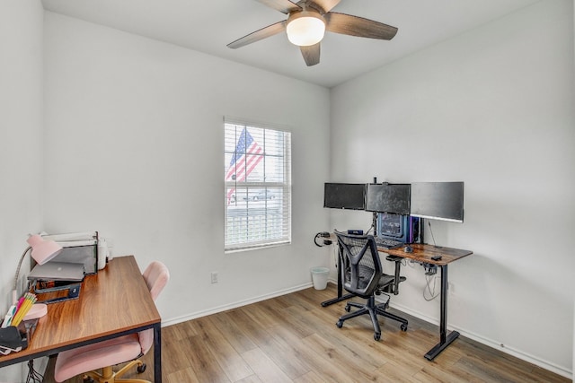 office area with ceiling fan and light hardwood / wood-style floors