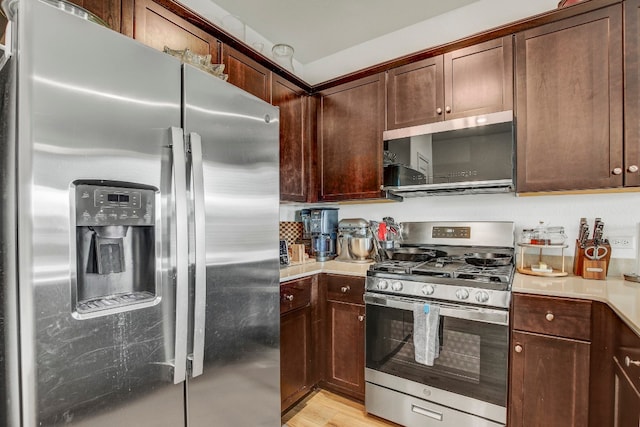 kitchen with appliances with stainless steel finishes, light hardwood / wood-style floors, and dark brown cabinetry