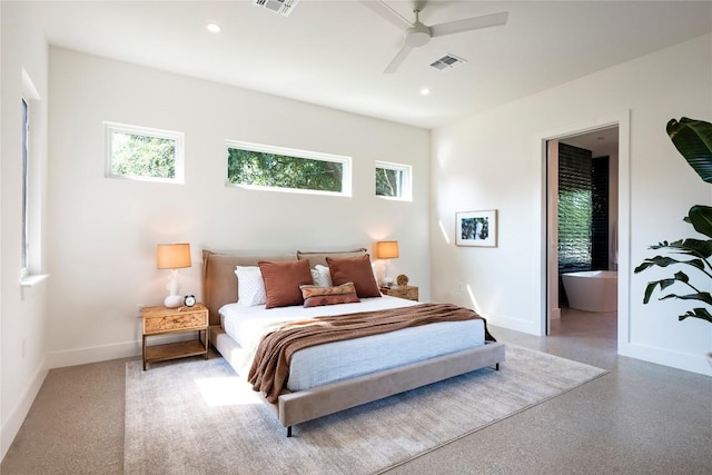 bedroom featuring visible vents, baseboards, speckled floor, and recessed lighting